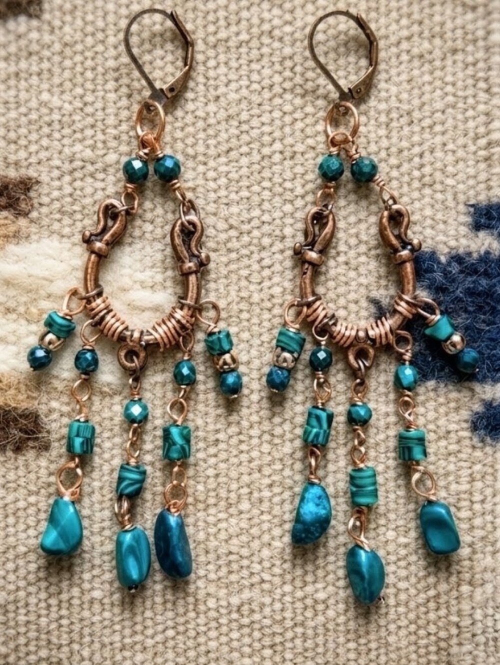 Natural Green Malachite In Artisan Made Handcrafted Antique Copper Earrings